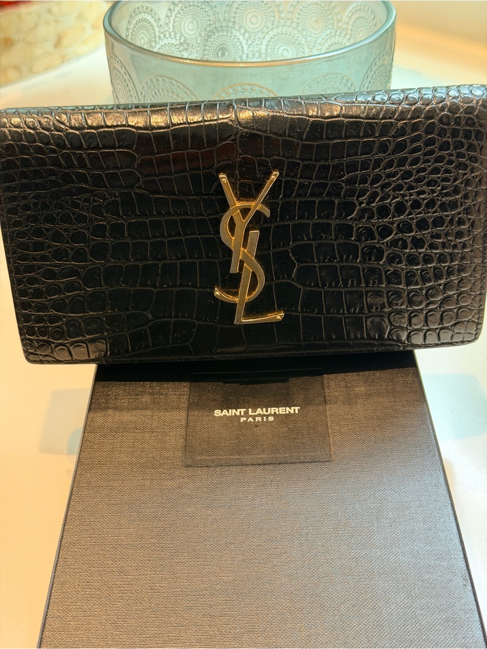 Saint Laurent Black Croc-Embossed Wallet with Gold YSL Logo